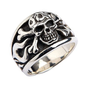 Sterling Silver Flame Skull Crossbones Ring
