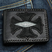 Black Cross Inlaid Genuine Stingray Leather Biker Wallet
